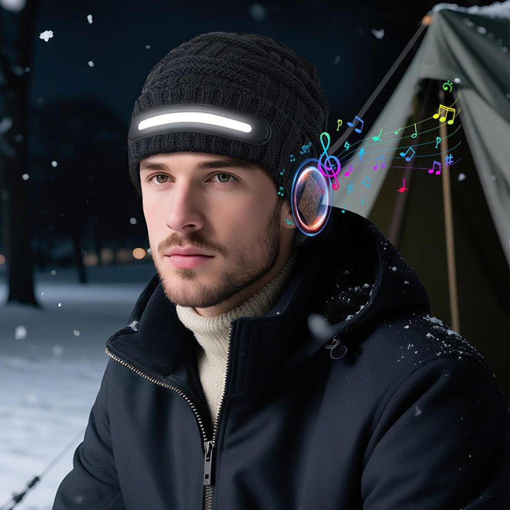 Wireless Beanie With Light USB Rechargeable Knit Cap Headlamp Cap With Headphones For Fishing Cycling Dog Walking Jogging