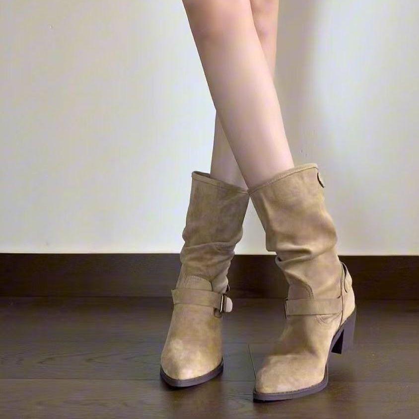 Fashion Belt Buckle Decoration Thick Heel Pointed Boots Children 2025 Autumn New Retro Internet Celebrities Pile Boots Women