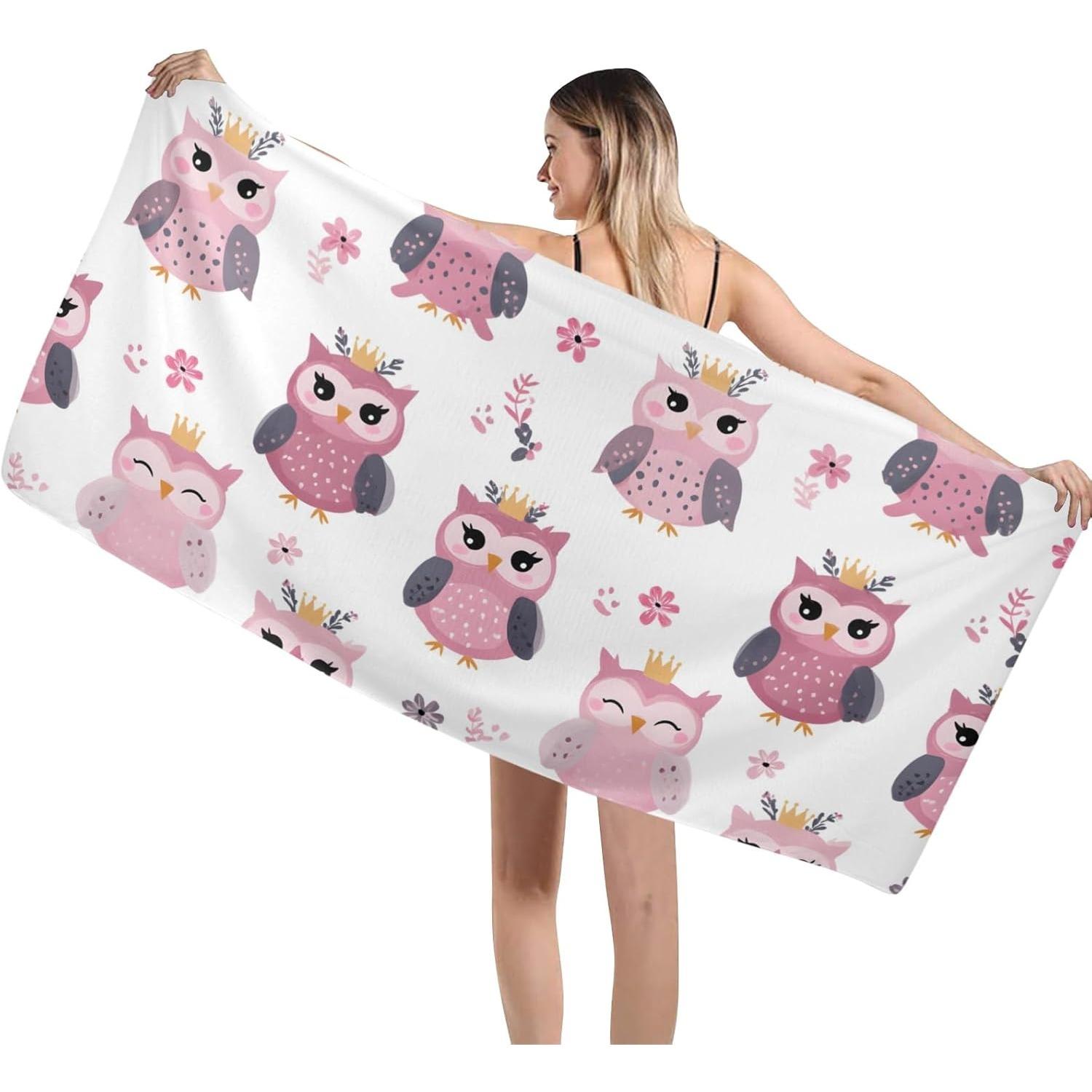 

Pink Owls Flowers Pattern Beach Towel Thin Quick Dry Super Absorbent Oversized Lightweight Towels Travel Sports Pool Swimming W40*H60(CM)