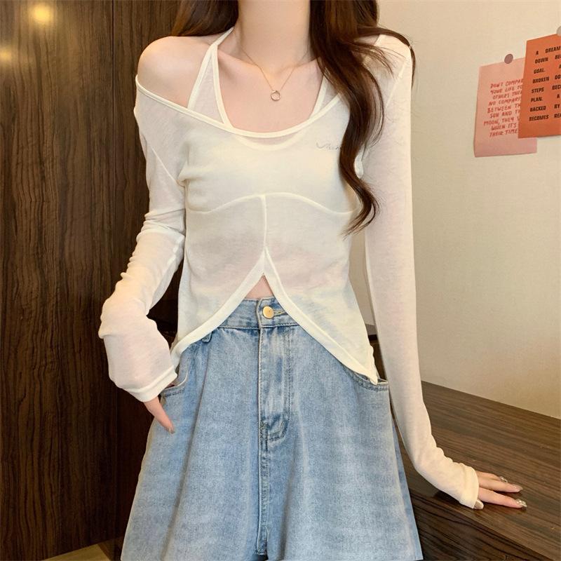 Early autumn new fake two-piece polka dot neck long-sleeved T-shirt slim sweet Spice Girl bottoming shirt with short top inside