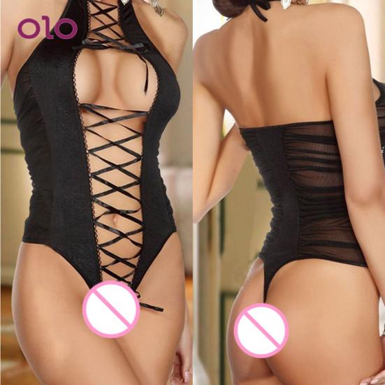 Dámské body Síťovina vpředu bez rozkroku Černá noční prádlo Spodní prádlo Teddy Open