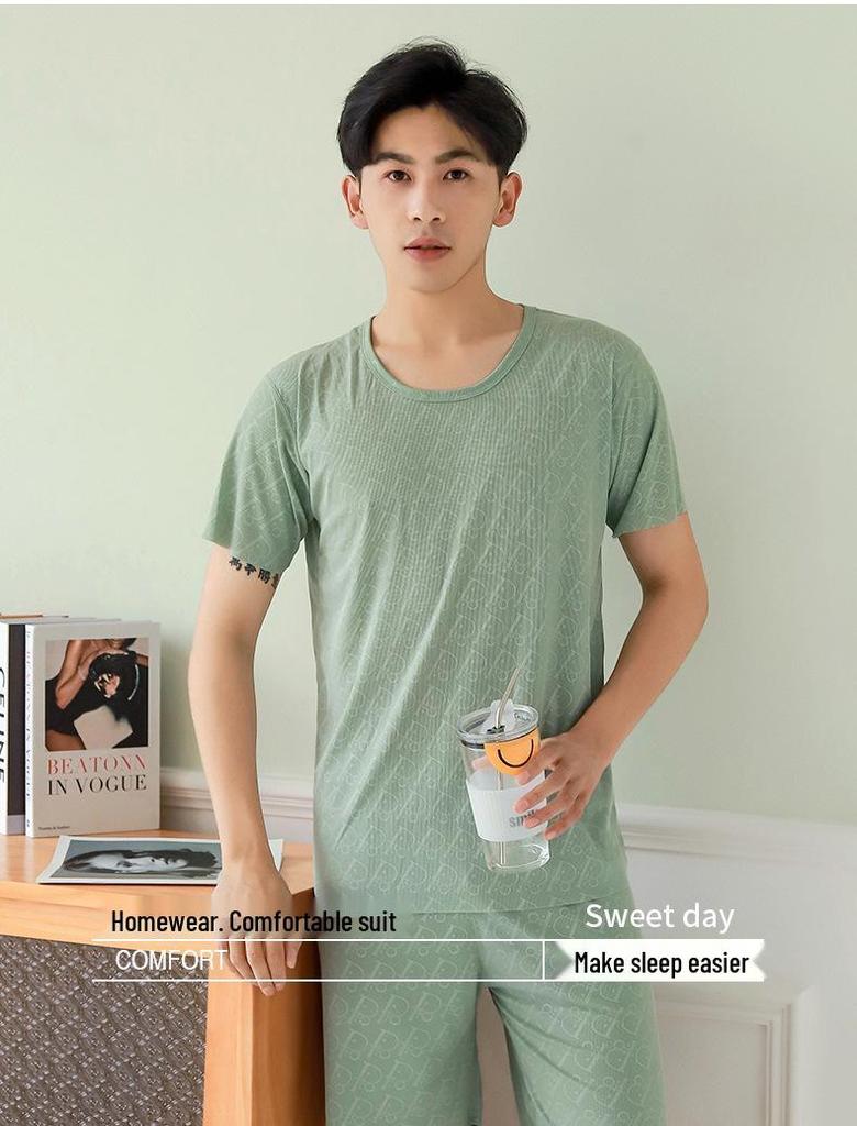 Men's Ice Silk Short Sleeve Pajama Set with Round Neck, Ribbed Shorts, and Versatile T-shirt for Indoors and Outdoors