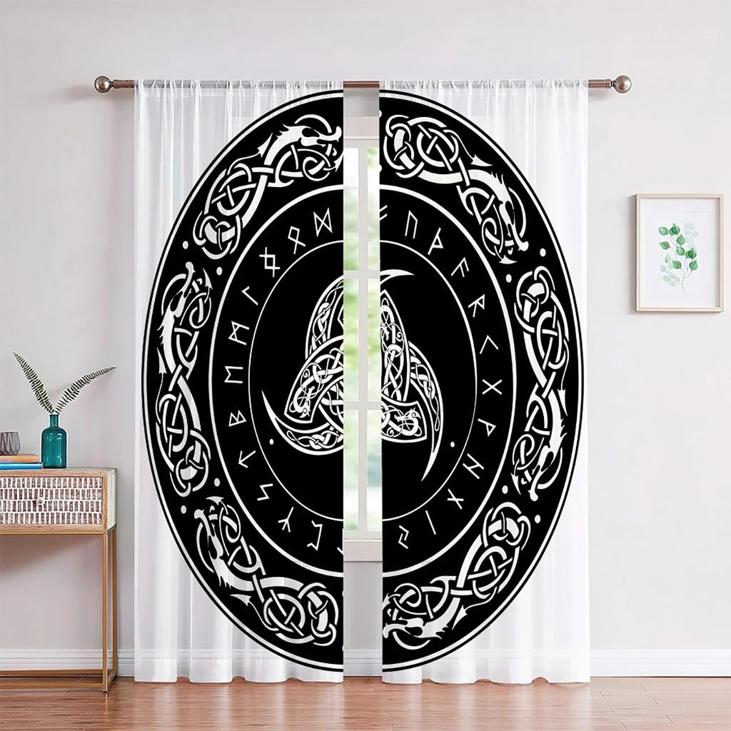 Retro Pattern Curtains Personalized Luxury Rune Shield 3D Printing Curtain Rod Pocket Decorative Curtains Bedroom Living Room