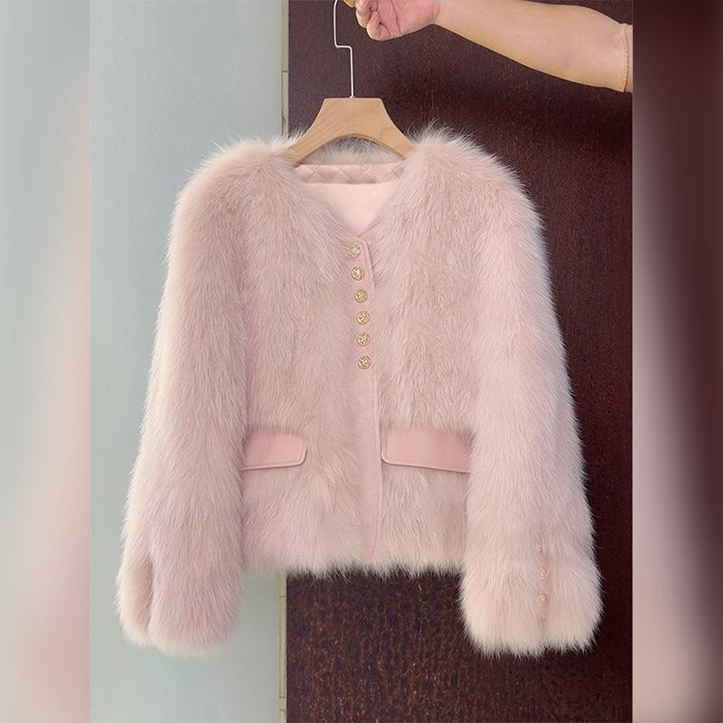 Dameskorte Nepvos Bontjas Leerafwerking Knopen Warm Winterjack