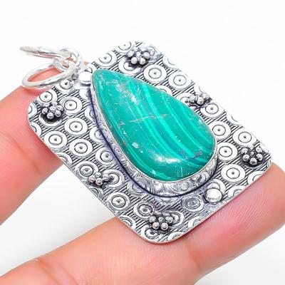 Pendentif en Argent Sterling 925 Fait Main avec Pierre Précieuse Malachite Naturelle 2.05" w9T28