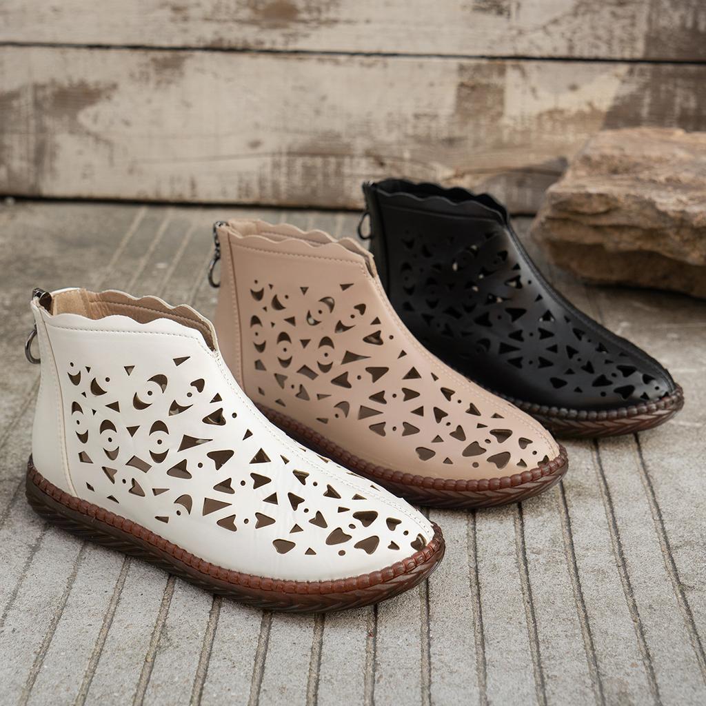 New Women's Round Toe Hollow Cutout Boots Retro Back Zipper Sandal Boots