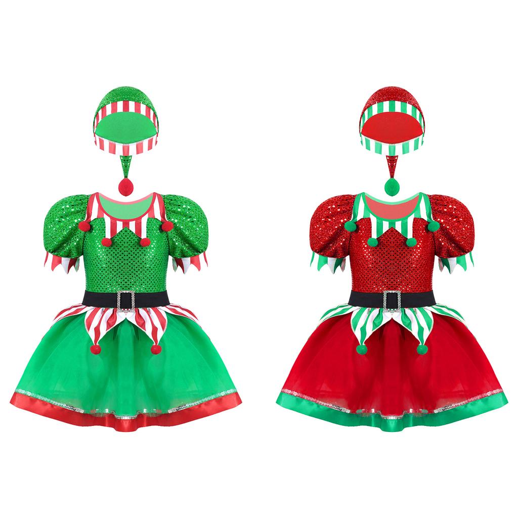 Mädchen Weihnachts-Elf Cosplay Kostüm Pailletten Pompons Verziertes Mesh Tutu Kleid Hut Inklusive Party Outfit