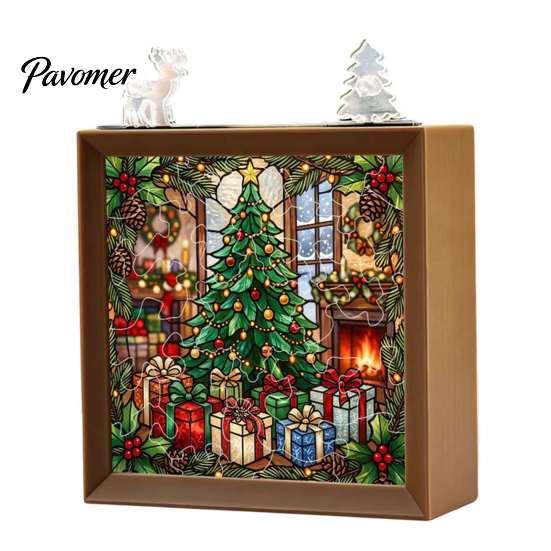 Decorative Room Lighting Christmas Acrylic Puzzle Night Light with Wooden Frame, DIY Stained Glass Style Creative Gift for Kids Jigsaw Lamp