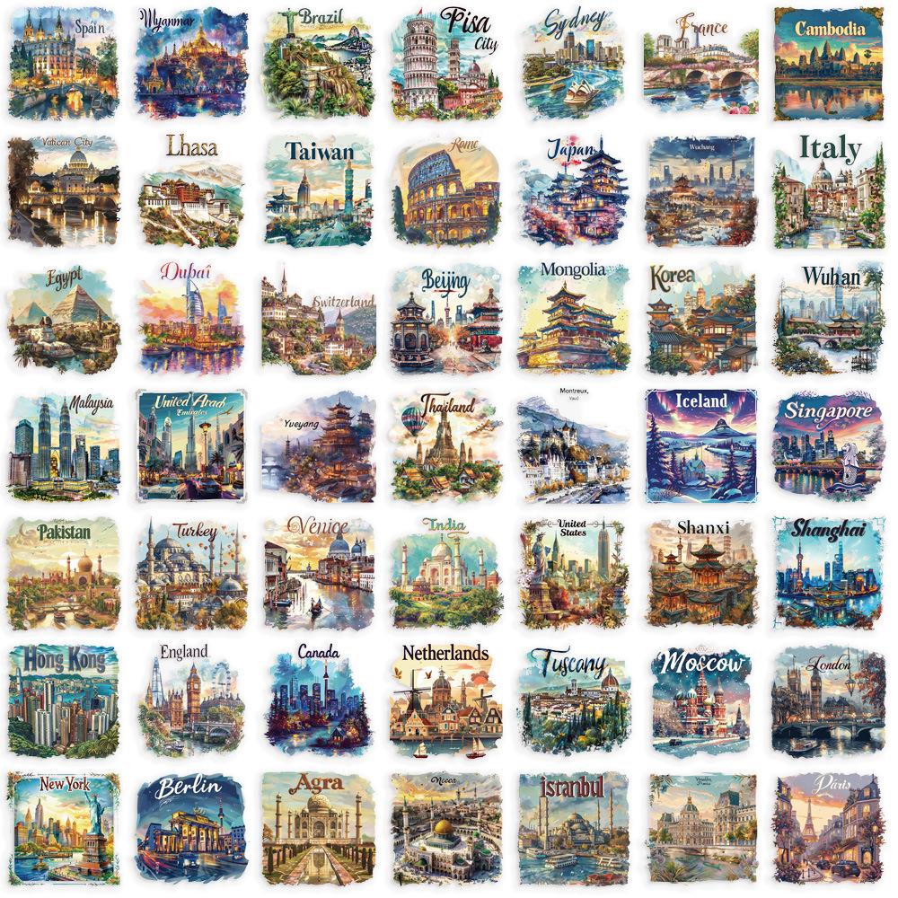 50pcs Famous City Stickers Travel Postcard DIY Gift Graffiti PET Decal for Phone Luggage Laptop Scrapbook Waterproof Sticker