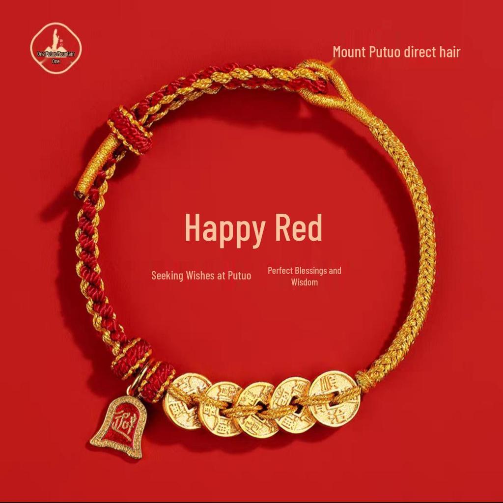 Bransoletka z Czerwonego Sznurka z Monetą Pięciu Cesarzy z Putuoshan – Ręcznie Pleciona Lina na Szczęście, Unisex Prezent.