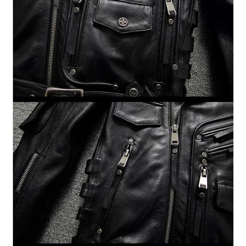 Chinese Size Men's Heavy Motorcycle Jacket Natural Cowhide Leather Top Layer Causal Vintage Retro Moto Suit Leather Coat Winter