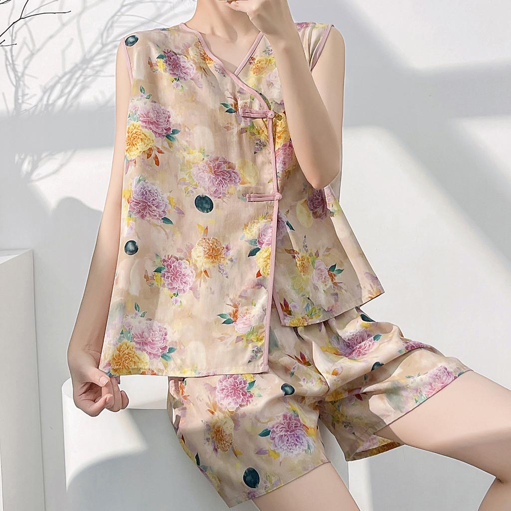 Cotton and silk floral sleeveless loungewear suit women's summer new Chinese pajamas can be worn outside loose national style two-piece set thin