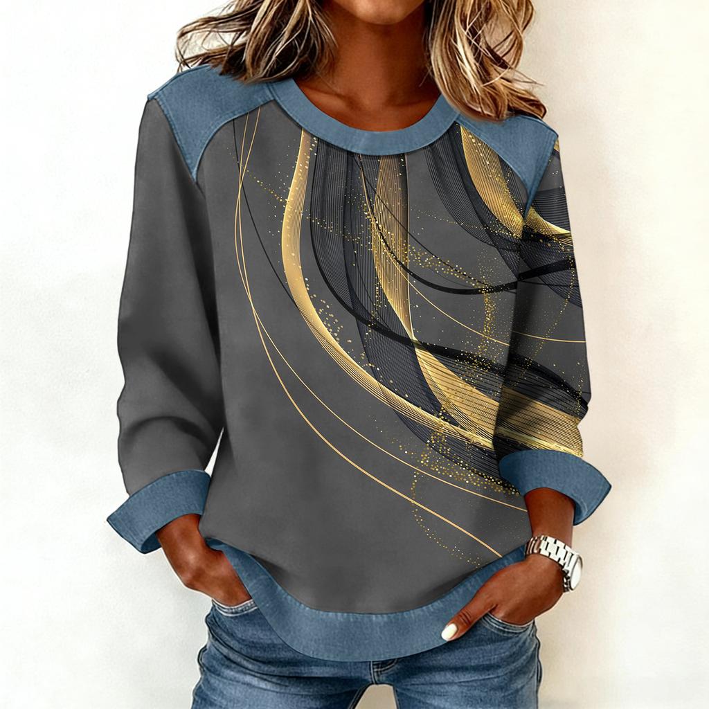 Damen Jeanskragen Patchwork Nähte Sweatshirt Lässig Pullover Langarmshirts