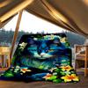 1pc Blue Cat Flowers Print Outdoor Blanket, Lightweight Polyester,