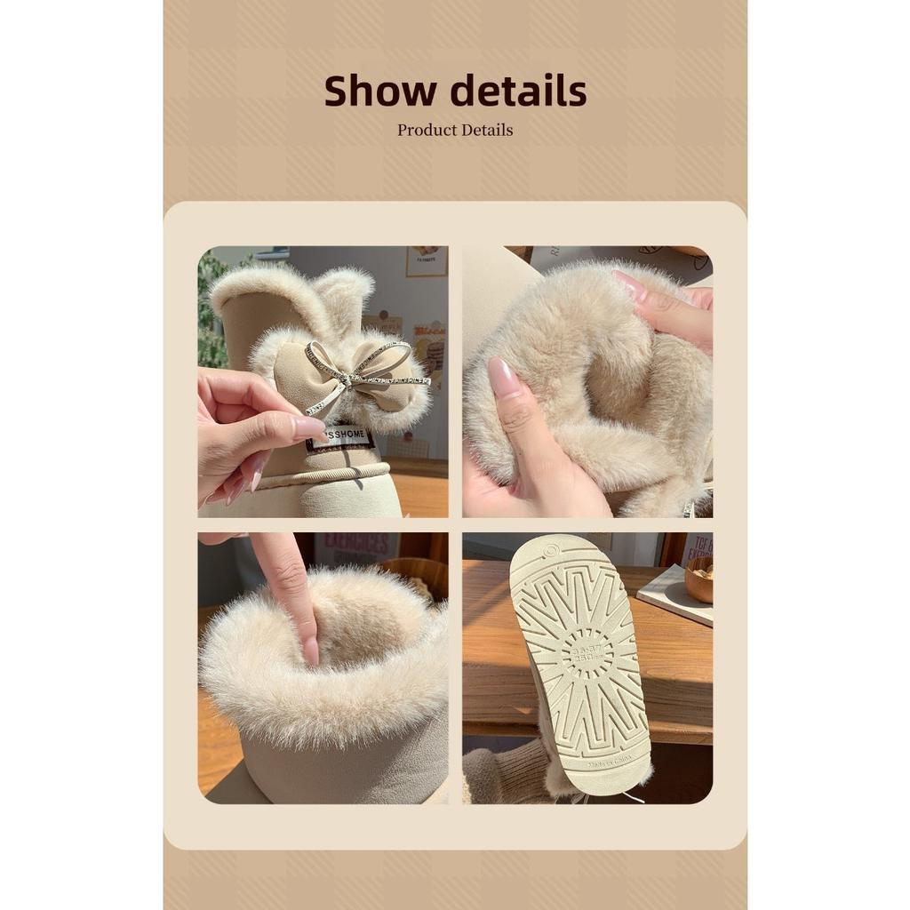 Bavlněné pantofle s mašlí pro ženy, zimní s patou v tašce s plyšovými bavlněnými botami, dívčí styl, teplé a se silnou podrážkou pro venkovní nošení