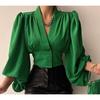 Summer New Style Temperament Button V-neck Lantern Sleeve Blouse Shirt Women