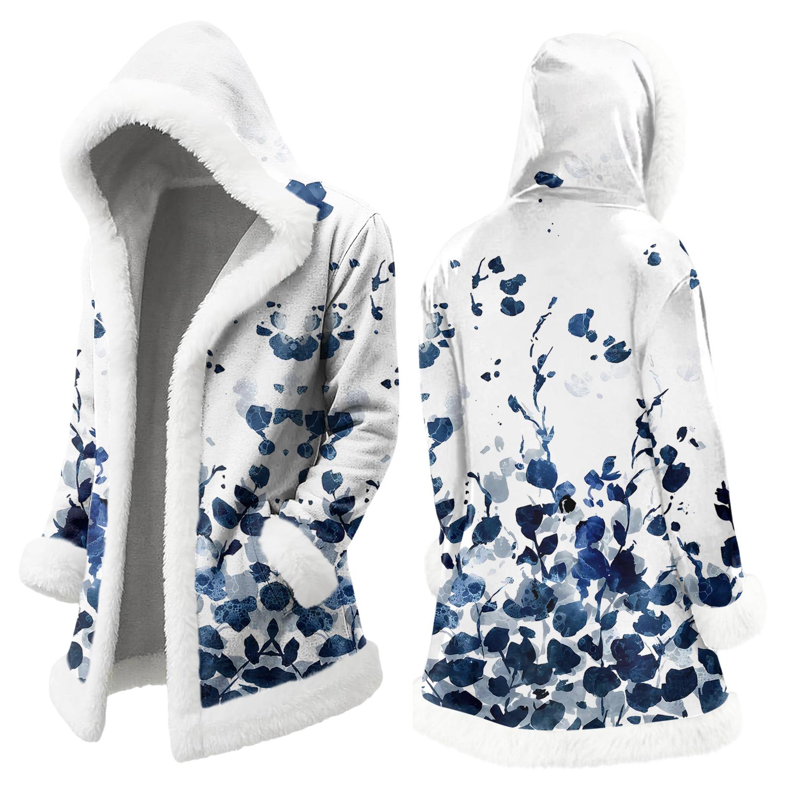 

Unisex Casual And Fashionable Plush Collar Hooded Long Sleeved Floral Gradient Printing Jacket L синий