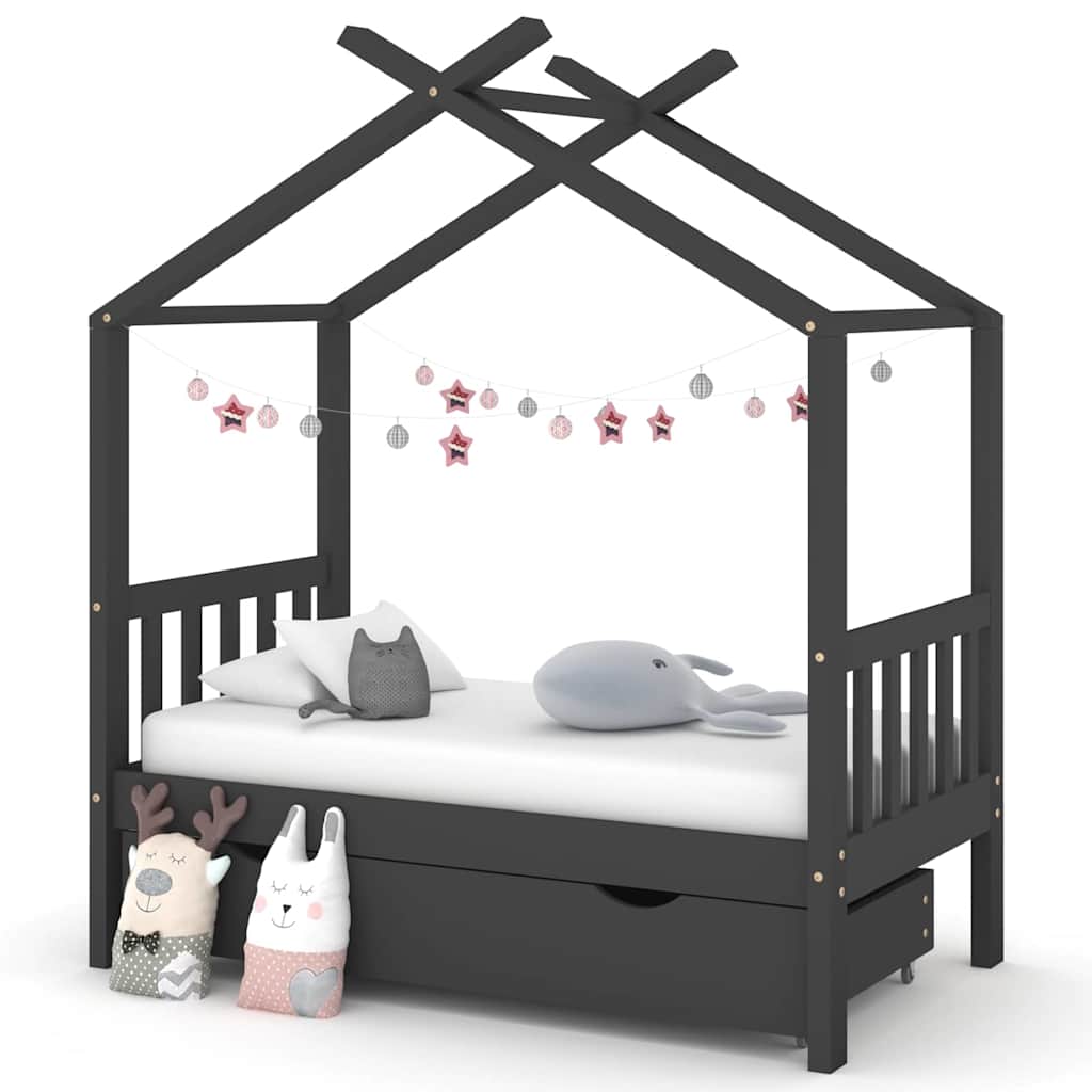 Kids  Bed with Drawer Dark Grey Solid Pine Wood 70 x 140 cm