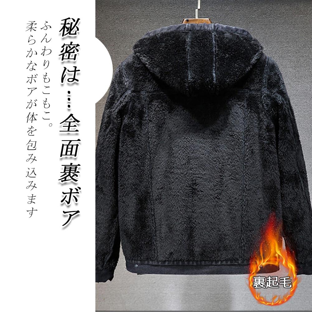 QJCLEAN Winter Denim Loose Plus Thick Denim Cold Weather Korean Street Dark Blue Men's Fleece-Lined Jacket, Hooded, Fit, Sizes, Black, Coat,