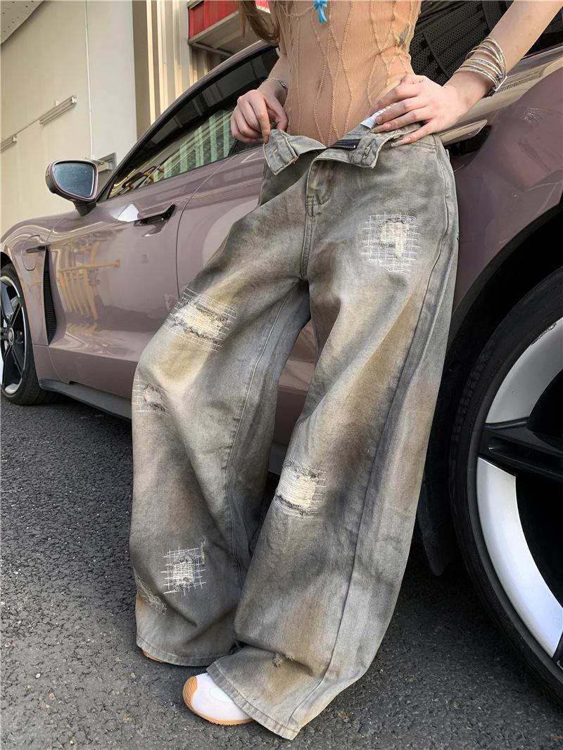 Прямые джинсы женские американский ретро старая специя girl желтый грязевой рваные грязные брюки вайб ветер широкие штанины в пол S