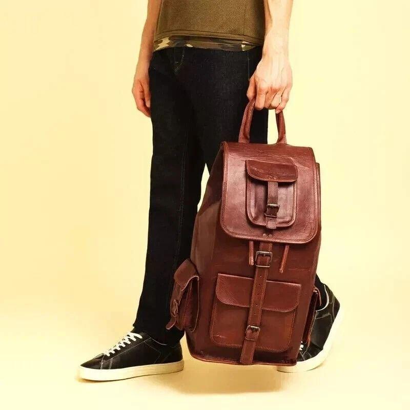 Bag Leather Genuine Backpack Vintage Rucksack Travel Men's Laptop Brown New Men