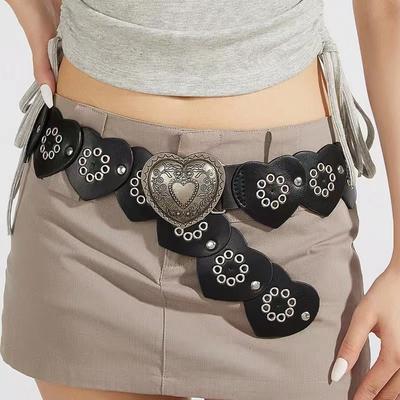 Retro Street Hollow Ring Pu Leather Splicing Characteristic Waist Belt Beaded Women'S Belt
