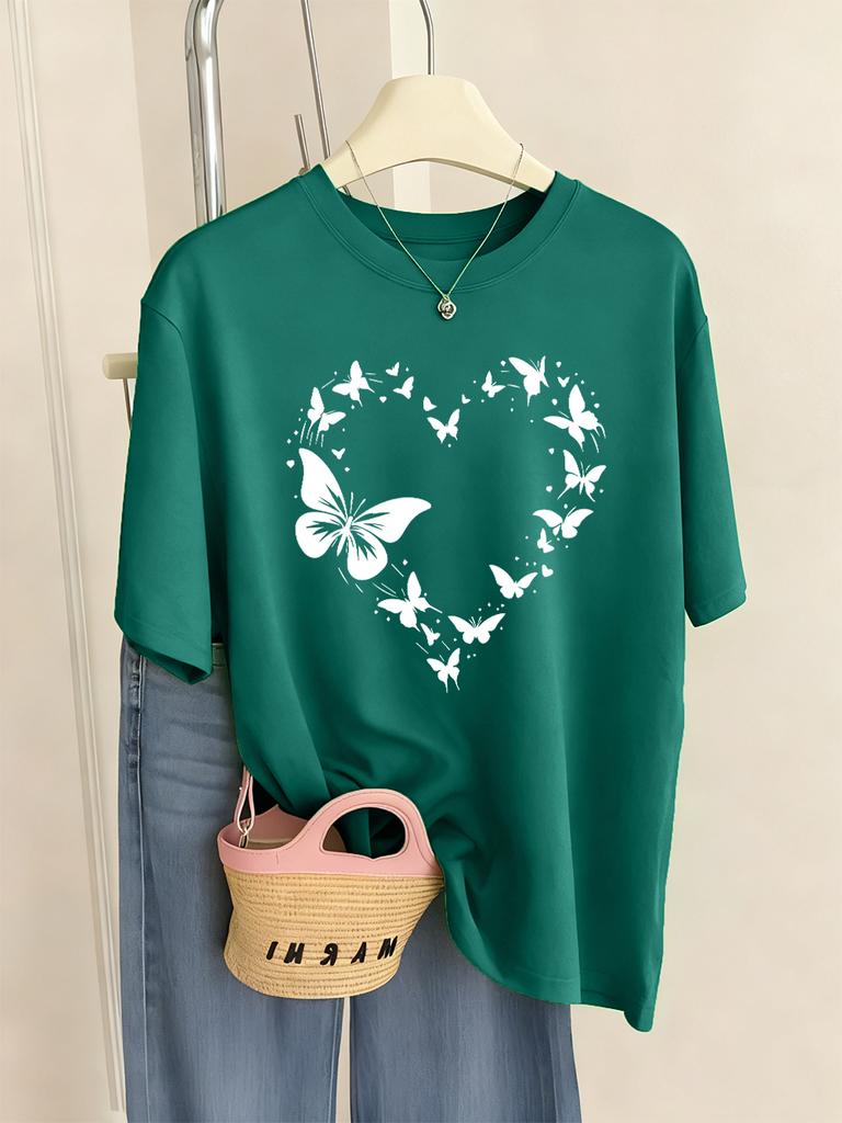 Schmetterling Herz Bedruckte T-Shirts Damen Lässig Weiche T-Shirts Locker Bequem Kurzarm Oberteile Sommer O-Ausschnitt Damen Kleidung