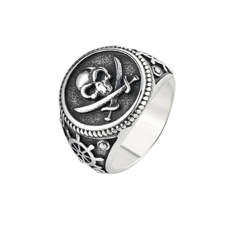 Vintage Men's Pirate Signet Double Knife Skull Ring Golden/Silver Stainless Steel Compass Goth Punk Ring