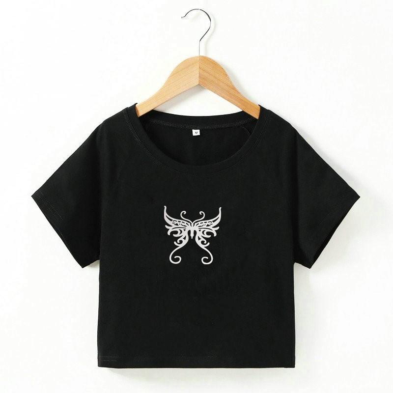 

Butterfly Print Short Open-Button Slim-Fitting Short-Sleeved T-Shirt Women S Clothing XL чёрный