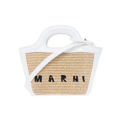 Tropicalia Logo Print Gewebte Raffia Kokosblatt Kalbsleder Eimer-Tragetasche Einkaufstasche Damen-Tragetasche Weiß Beige BMMP0067Q0