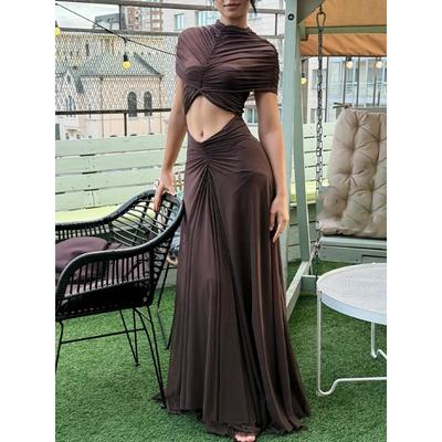Women's Long Dress Temperament Elegant Round Neck Mesh Pleated Navel Dress