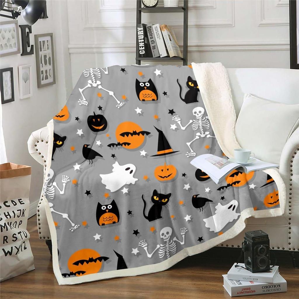 Halloween Ghost Blanket Soft Fleece Throw Pumpkin Spider Web Design Home Decor Party Gift Kids Room