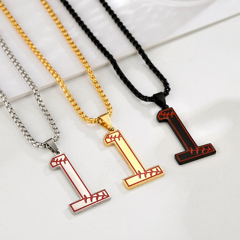 

Lucky Number 0-9 Pendant Necklace Box Chain Baseball Sport Digital Stainless Steel Necklaces Casual Punk Jewelry for Men Sliver Color&60cm