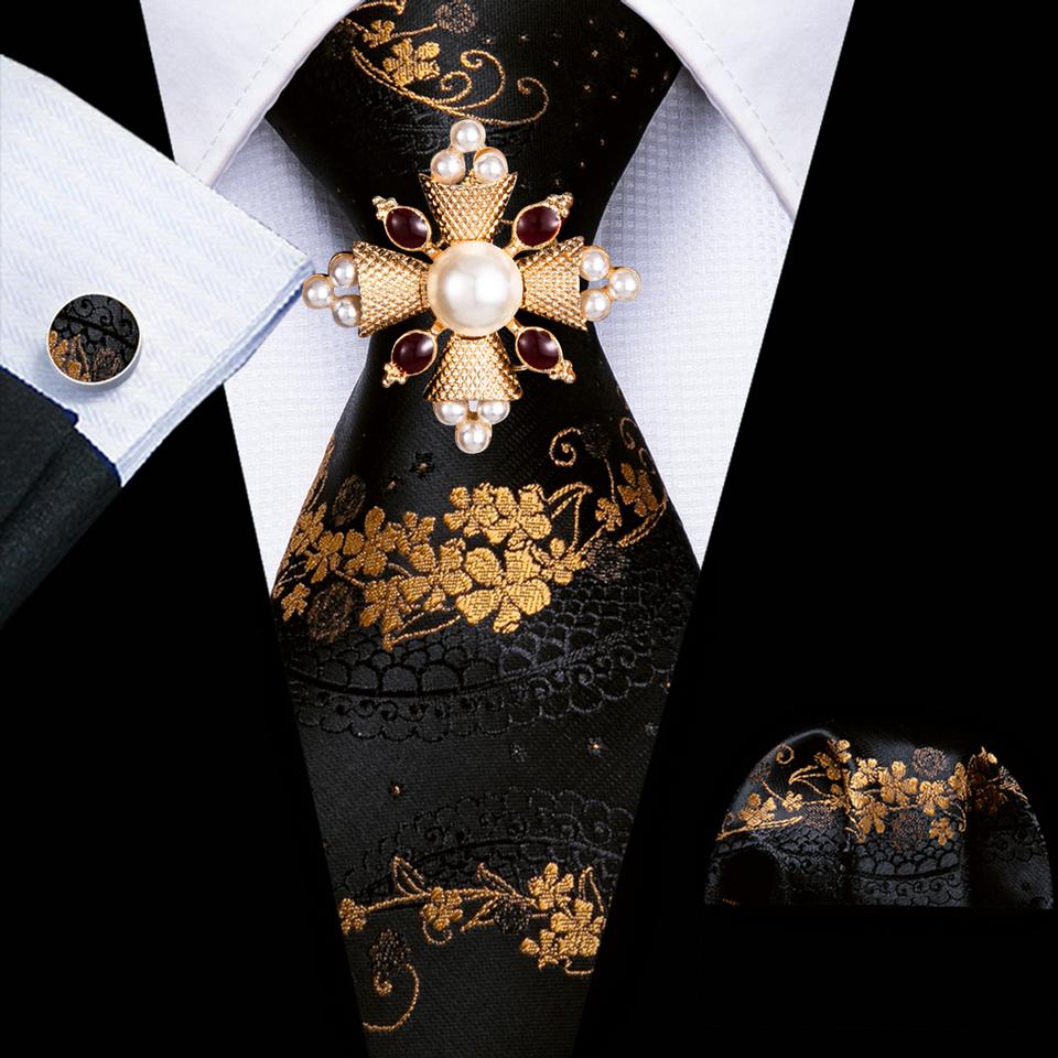 

Брошь с галстуком для мужчин Черное золото Красный Jacquard Пейсли Полосатый Шелковый платок платок запонки Набор