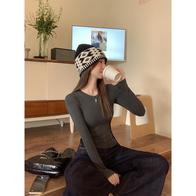 Round Neck Right Shoulder Splicing Brushed Thickened Bottoming Shirt Top Autumn and Winter with Slim Waist Long-sleeved T-shirt