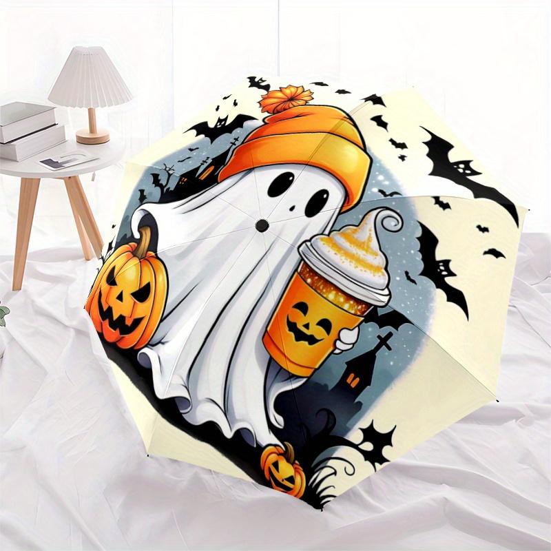 1pc Halloween Cute Ghost Pattern Automatic 3-Fold Umbrella, 8 Steel Frames, High-Value Folding Umbrella, Suitable for Office, Travel and Outdoor