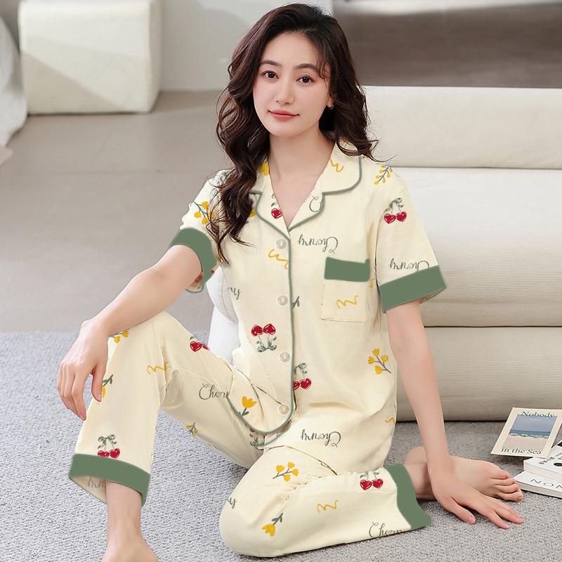 Imitation cotton pajamas women's summer new short-sleeved trousers simple flower mother loungewear large size set