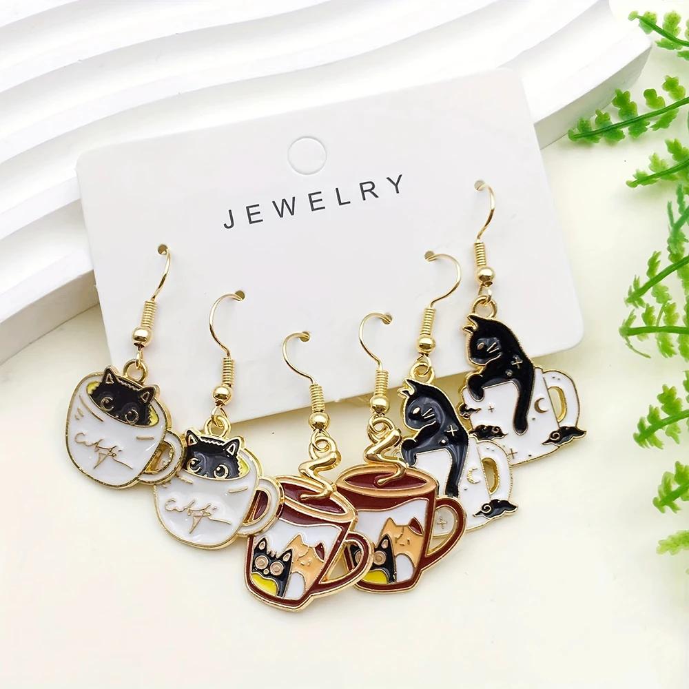 3 Paare Set Modische Emaille-Legierung Teetassen Katzenanhänger Ohrringe Party-Schmuck Geschenke für Mädchen