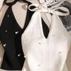 Fashion French Beaded Halter Neck Tie Knot Backless Knitted Vest For Women