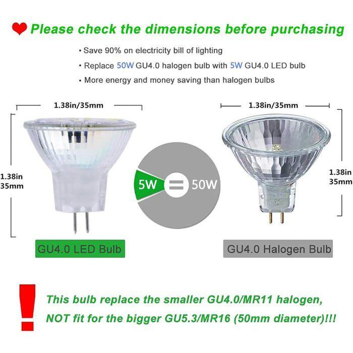 Lot de 10 ampoules LED MR11 GU4 5W - 6000K (Blanc froid) 600 lm, Remplace 50W 12V, Angle 120°