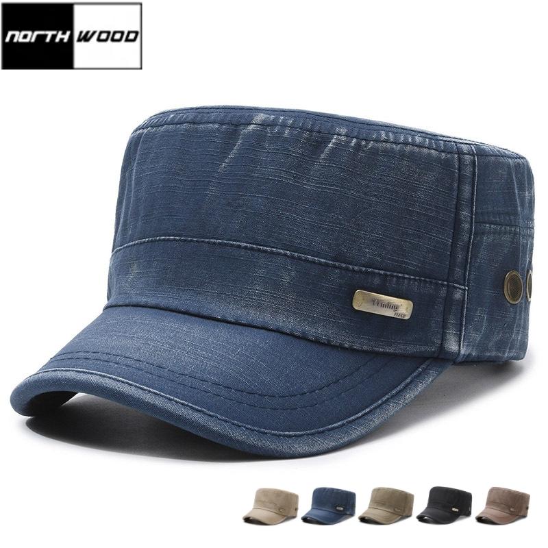 NORTHWOOD All Season Flat Top Hat Washed Distressed Retro Military Cap Men's Peaked Cap Outdoor Sun Hat for Men Trucker Hats