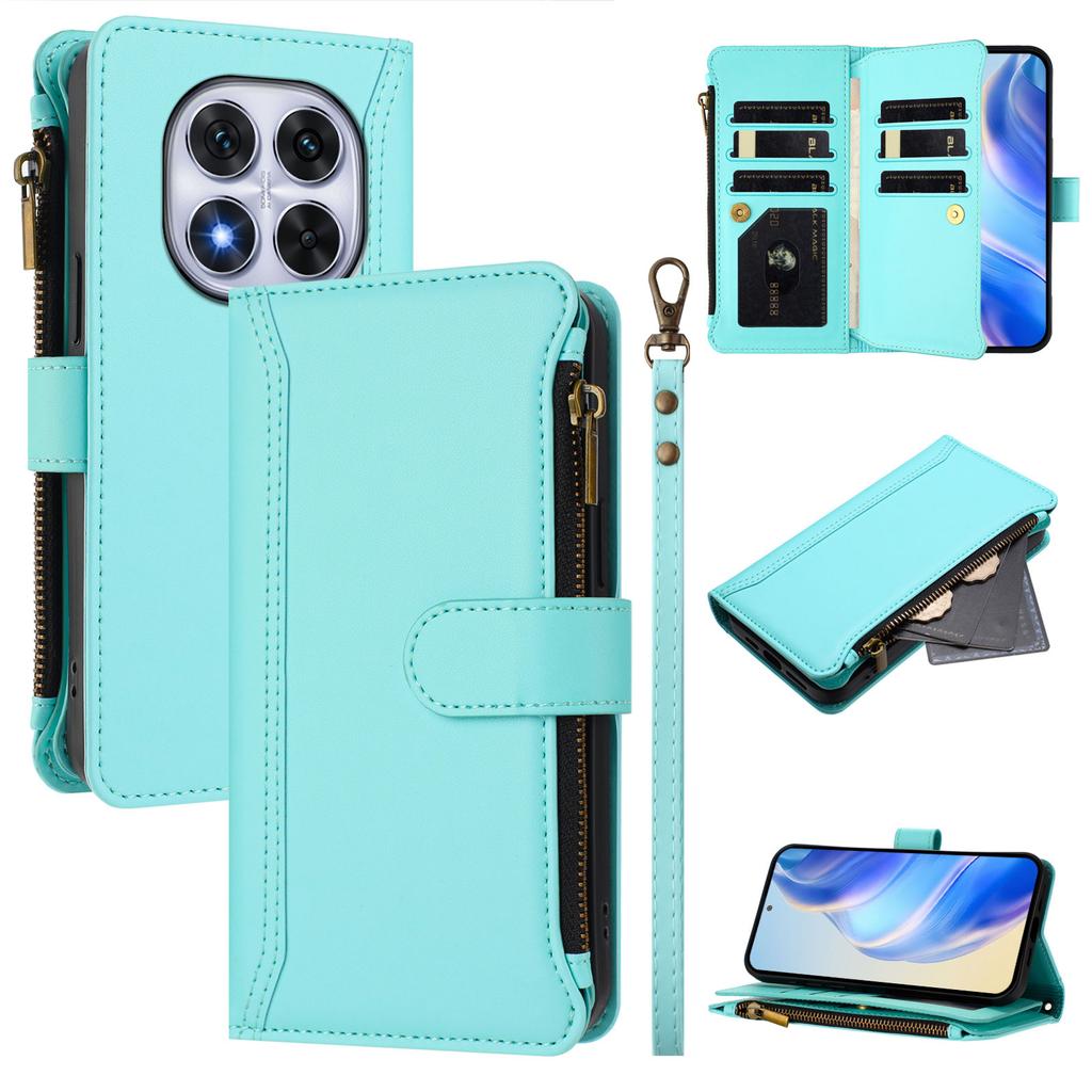For Xiaomi Redmi Note 14 Pro 4G Leather Case 9 Card Slots Zipper Wallet Stand Phone Cover with Wrist Strap