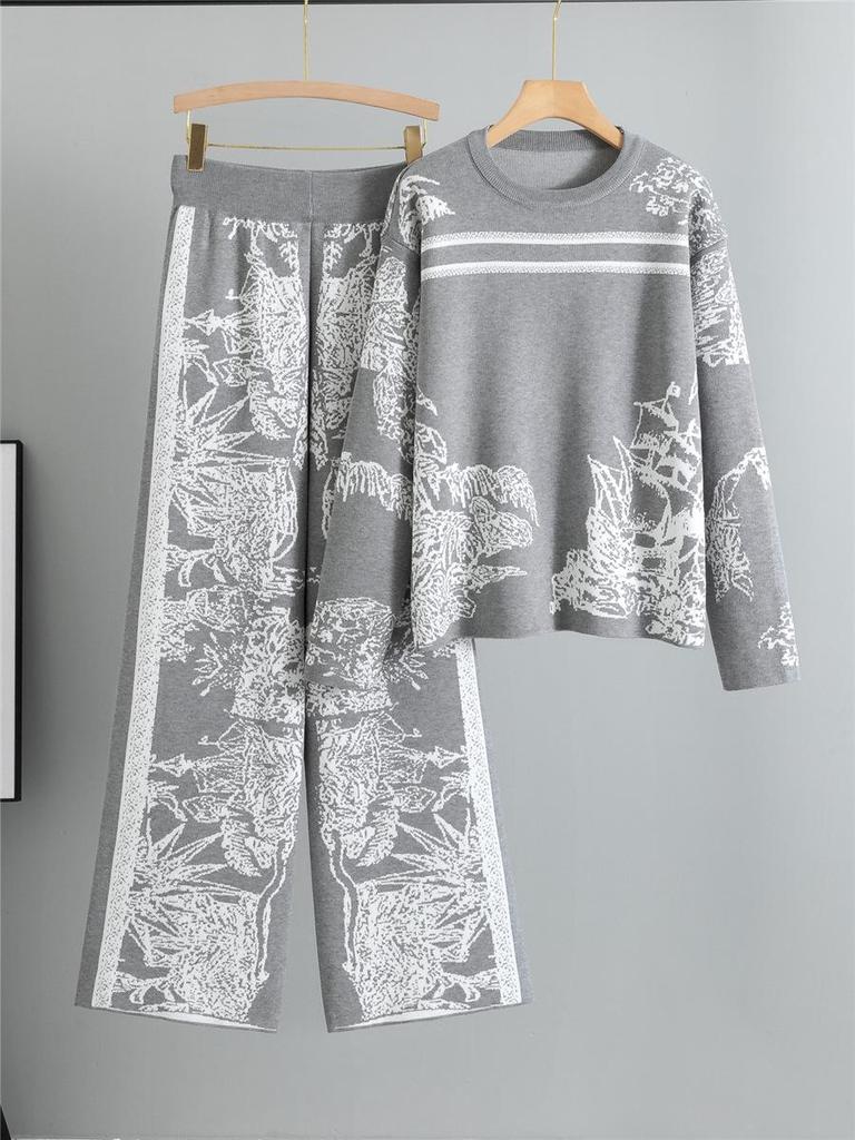Women's Ink Painting Knit Pullover & Wide-Leg Pants Set - Autumn/Winter Casual Two-Piece