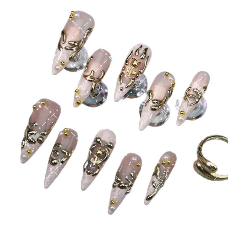 Luxury Gold-Trimmed Rose Press-On Nails Long Pointed Acrylic False Women Nude Pink Elegant Reusable Manicure