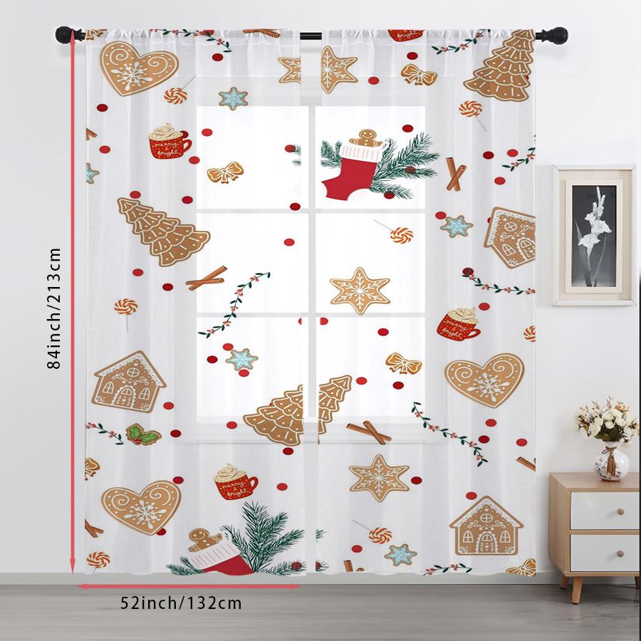 2PCS Sheer Curtains Christmas Gingerbread House Cookie Candy Print, Window Voile Panels for Bedroom Living Room Xmas Decor