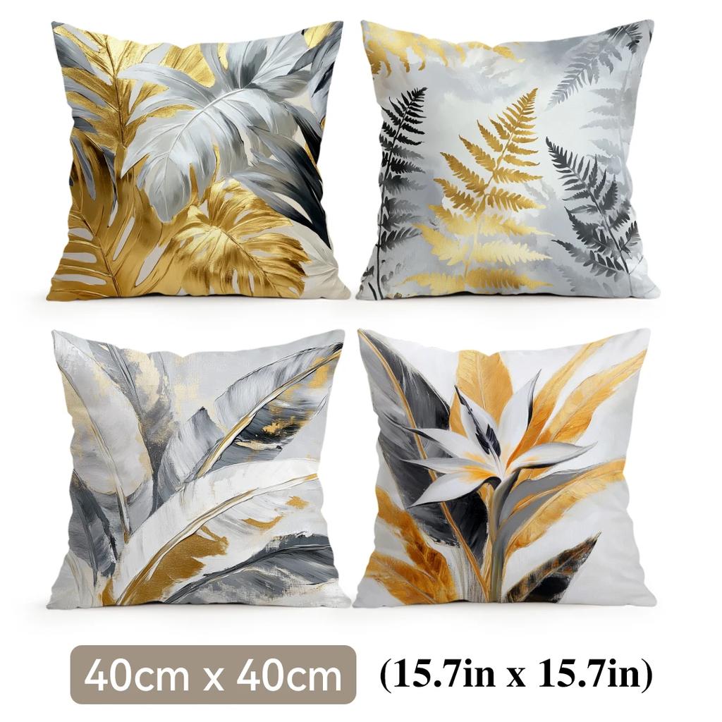 4 Pcs Retro Gold Leaf Single-Sided Printed Pillowcase Cushion Cover,Suitable For Living Room,Bedroom,Car Decoration