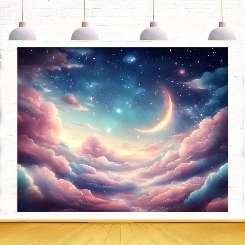 2D Dreamy Starry Night Tapestry Celestial Themed Party Photoshoot Studio Banner