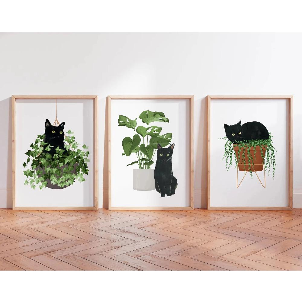 Watercolor Cute Kittens Potted Plant Canvas Print Cartoon Green Plants Animals Wall Art Postes for Modern Living Room Home Decor