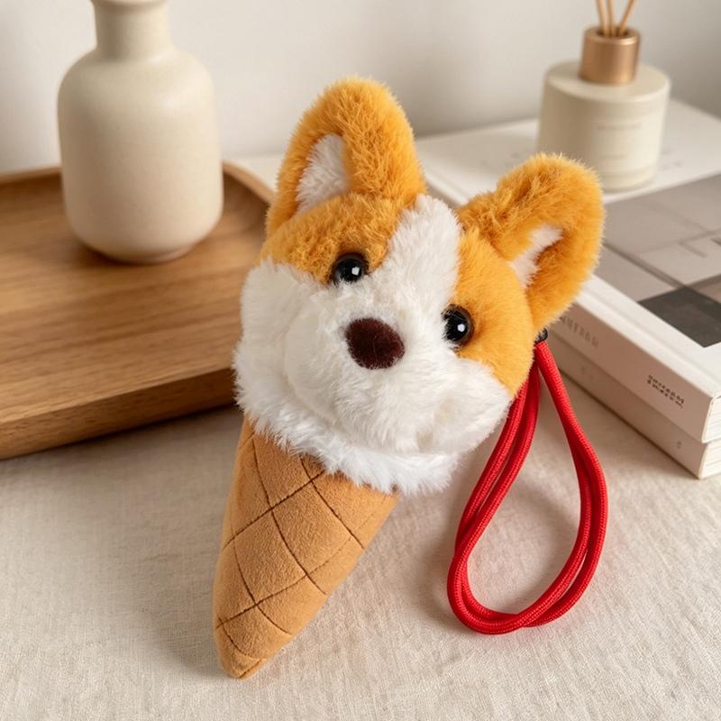 Cute Ice Cream Cone Dog Plush Pendant Toy Cartoon Corgi Animal Keychain Backpack Versatile Bag Decor Kids Xmas Gift