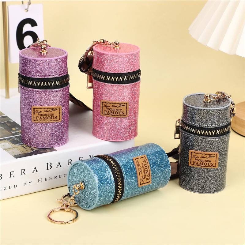 Trendy Glitter Cylindrical Coin Purse Mini Lipstick Pouch With Scarf Keychain Portable Earphone Storage Bag For Women Gifts